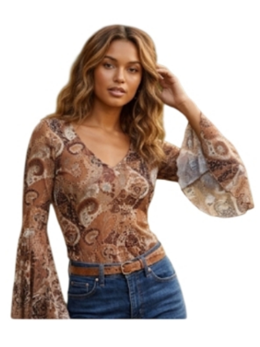"LUSH" Beautiful Brown Paisley Flare Sleeve Top - Medium